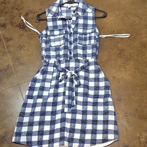 Monteau Blue and White Sleeveless Notched Collar Mini Dress